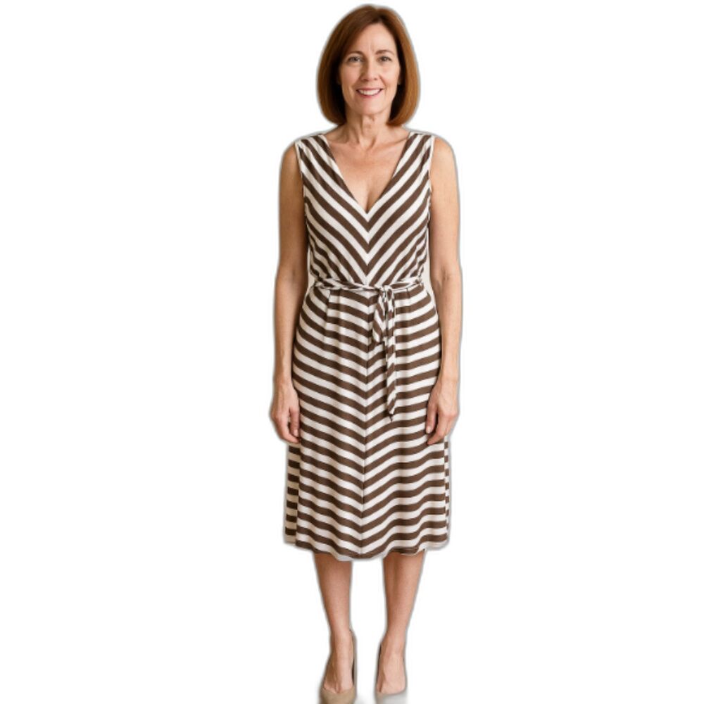 Talbots Brown Cream Striped Sleeveless Dress Size XS Tie Waist Pockets Stretch